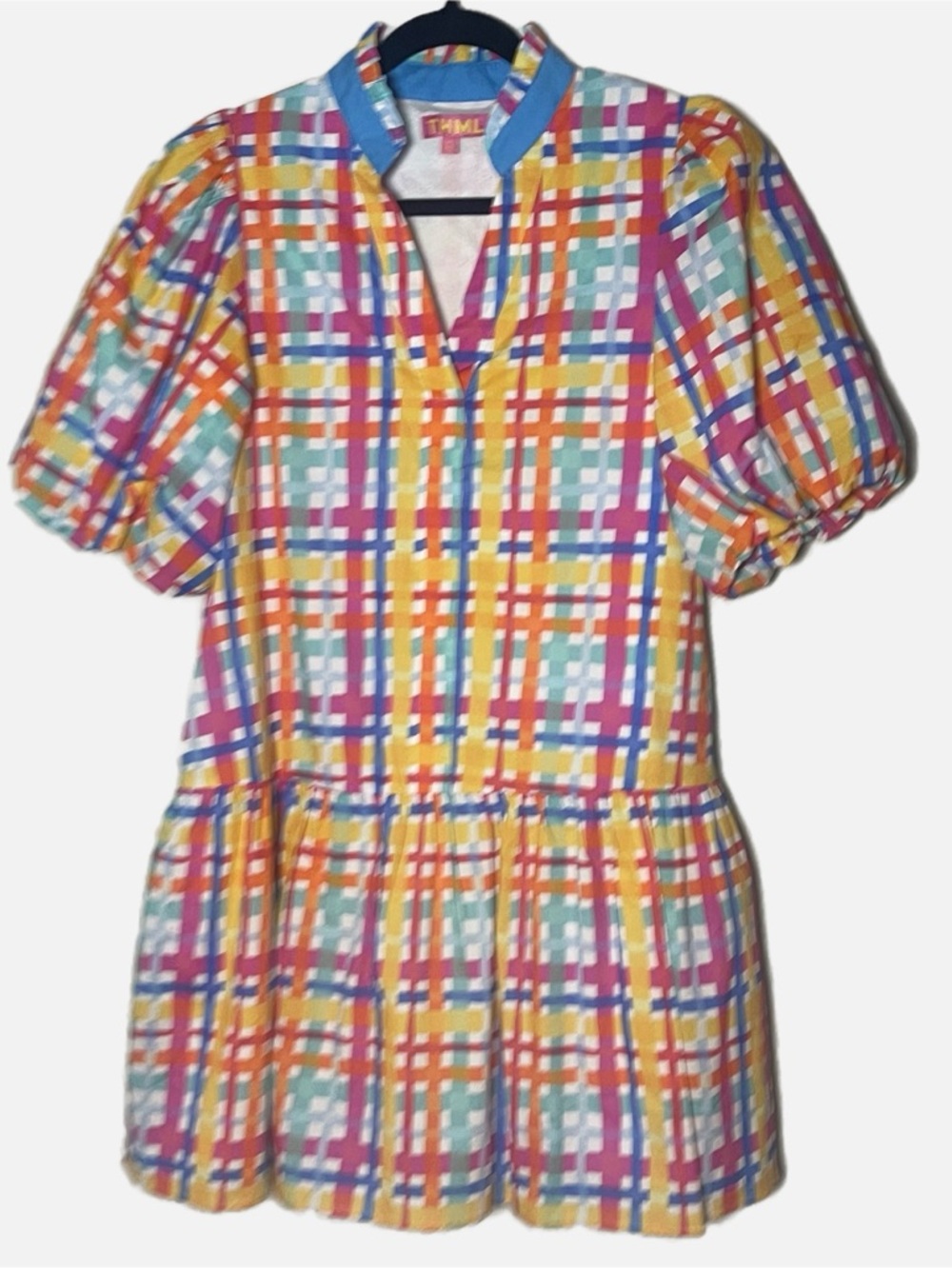 THML yellow multi gingham short puff sleeve dress size Medium whimsy Easter - Picture 2 of 8
